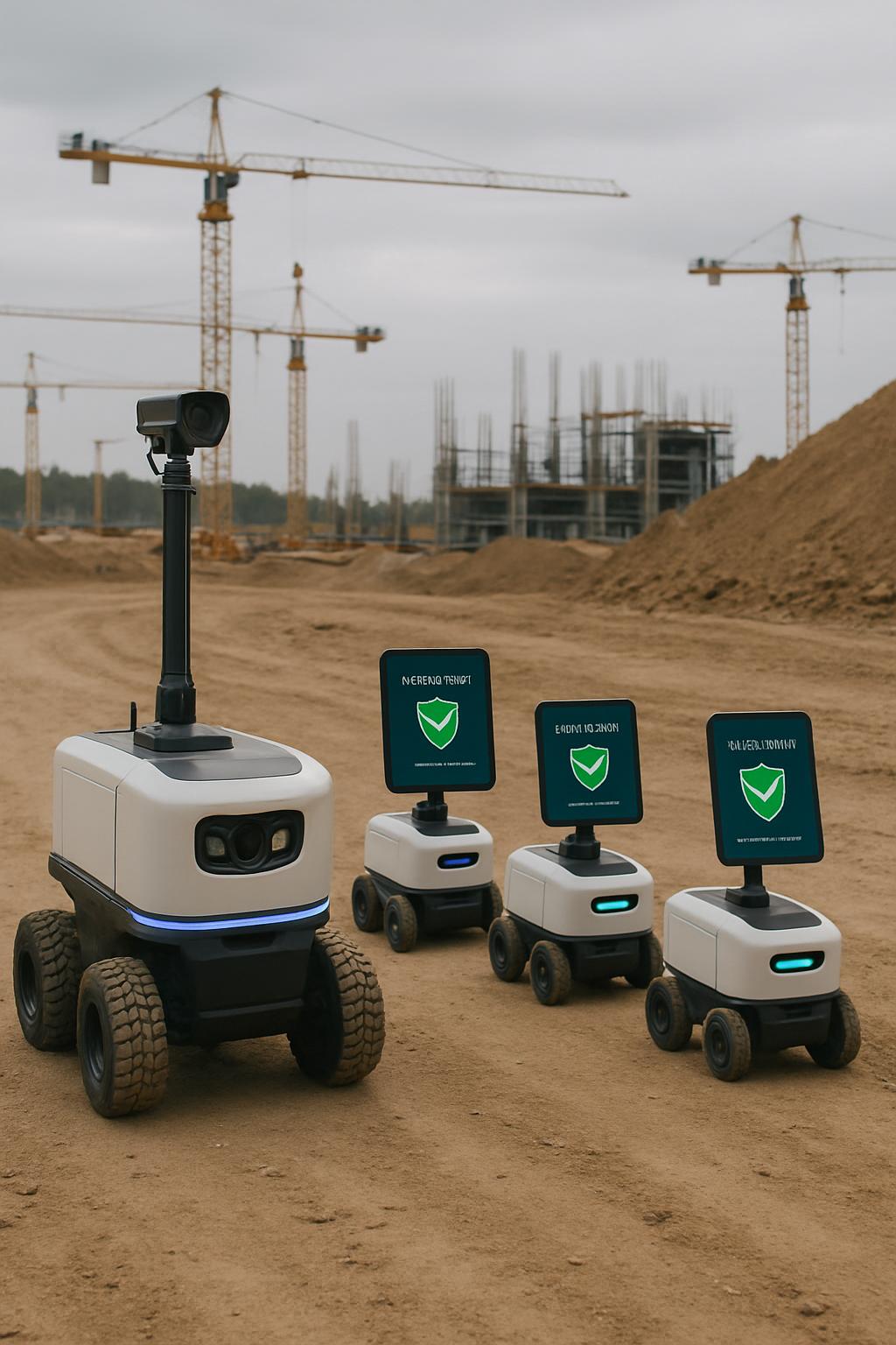 This image shows a group of four white, robotic vehicles with black tires, featuring a camera and a sign with the logo of ...